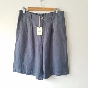Amazhiyu 100% Linen Pleated  Bermuda Grey Shorts Size XL